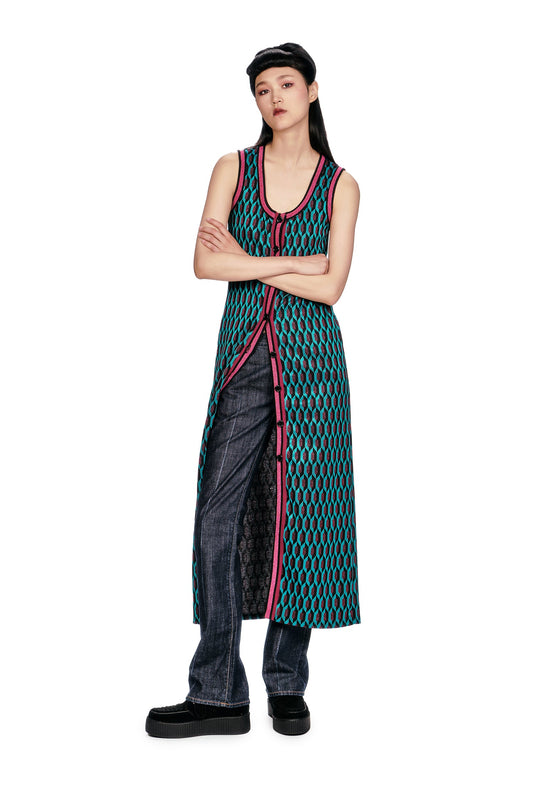 Long Vest, Fuchsia & pink trimming along the neck, armhole, and button-down, Honeycomb pattern.  