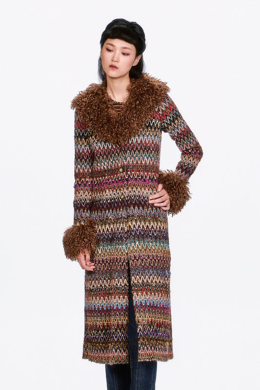 ello Coat featuring multicolored zig zag pattern, light brown curly faux fur at wrists & neck