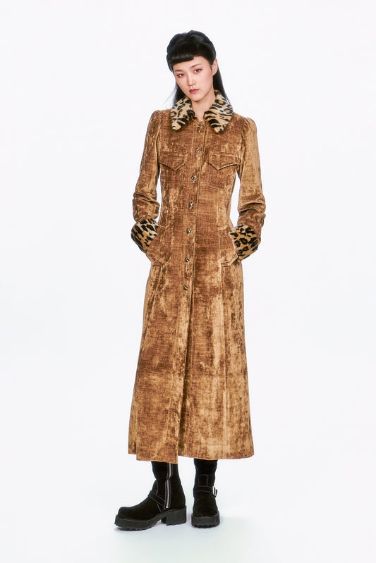 Velour Coat, structured piece featuring luxe faux fur leopard details on the collar and cuffs