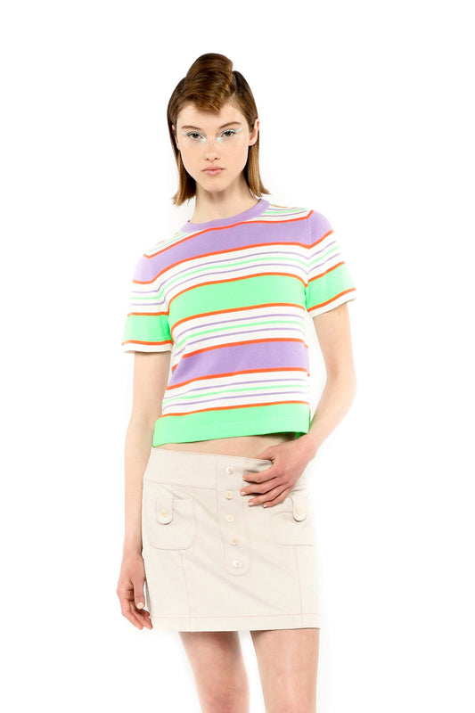 Fluorescent Stripe Short Sleeve Knit Top-Lavender