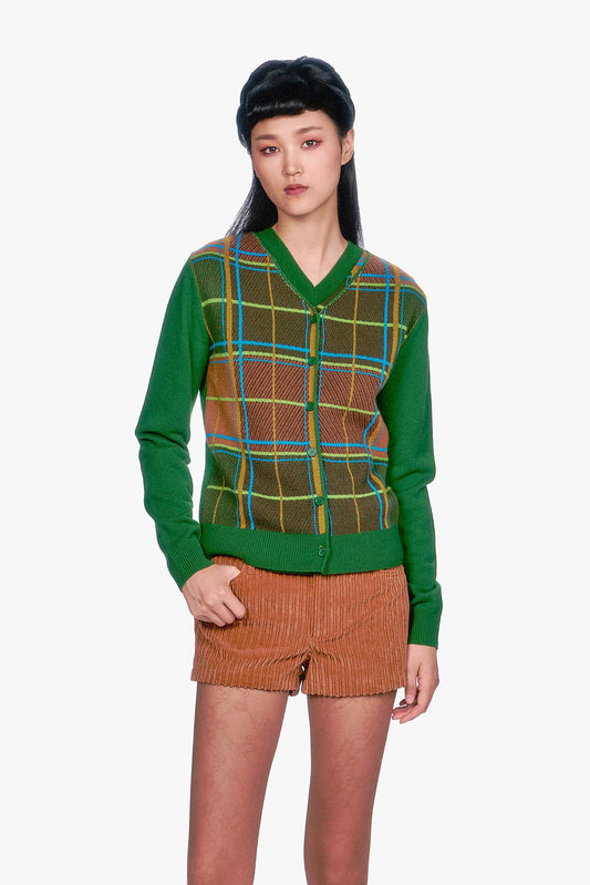 Woman wearing a Long Sleeves Plaid Cardigan - Leaf Green top and beige pleated skirt.