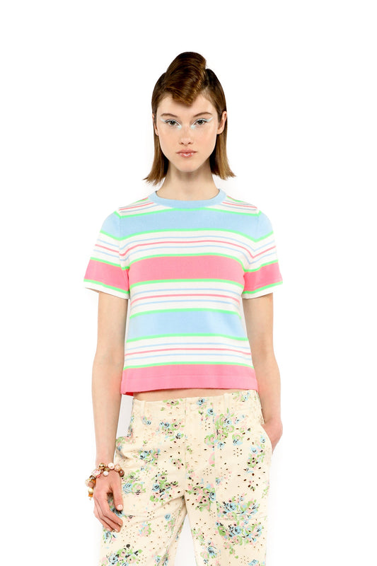 Fluorescent Stripe Short Sleeve Knit Top-Baby Blue
