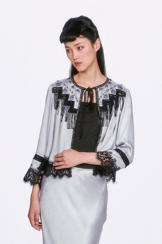 Boudoir Satin Beaded Fringe Bed Silver Jacket features a timeless pattern flowy Western and Chic. 