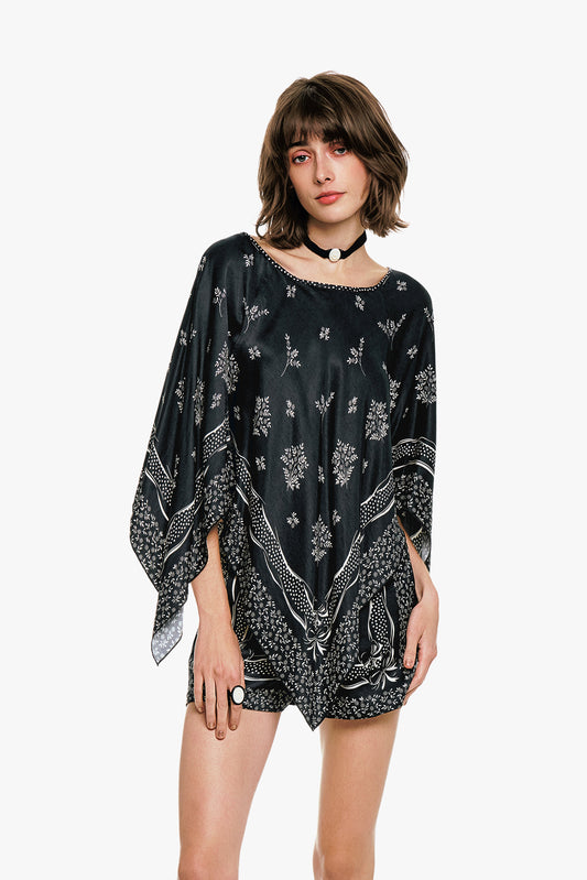 Ribbon Handkerchief Satin Print Poncho
