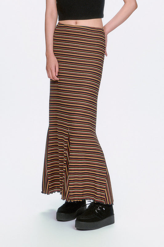 Venetian horizontal Stripe Long Skirt, featuring multicolored caramel and a classic fitted silhouette