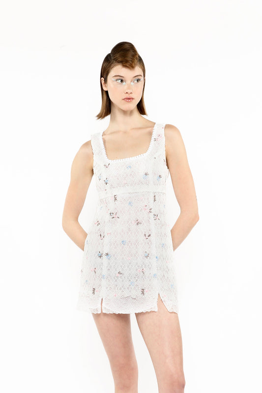 The Embroidered Lacey Trellis Mini Dress is a combination of playfulness and timeless elegance. 