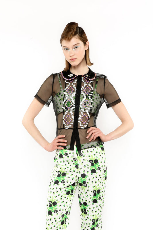 The Twinkle Beaded Organza Blouse is a classic piece with a touch of sparkle! See-thru black