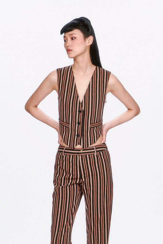Modern take on a classic, Pinstripe Vest features sharp tailoring & timeless stripes