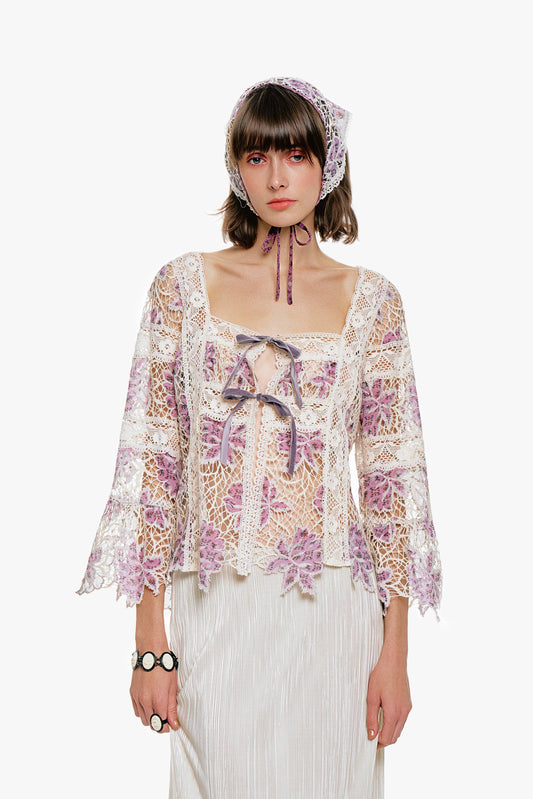 Medallion Floral Lace Tie Blouse, mauve/cream, floral patterned lace in a timeless medallion pattern. 