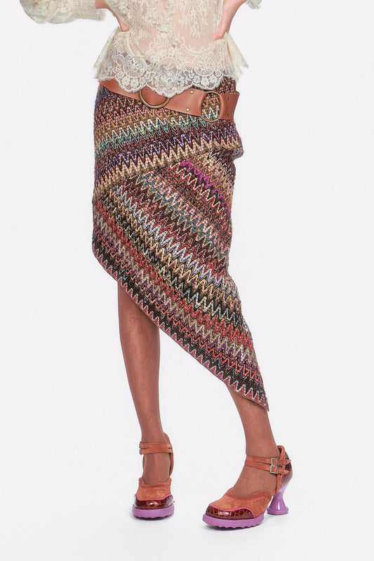 This Bargello Multi Asymmetrical Skirt, knee-long on right/ankle long on left, brings vintage flair