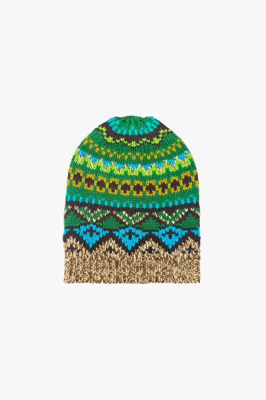 Colorful knitted Fair Isle Sweater – teal with geometric pattern hue of green and blue triangles.