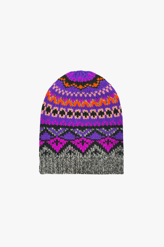 Colorful knitted Fair Isle Sweater magenta, geometric pattern hue of magenta and magenta triangles.