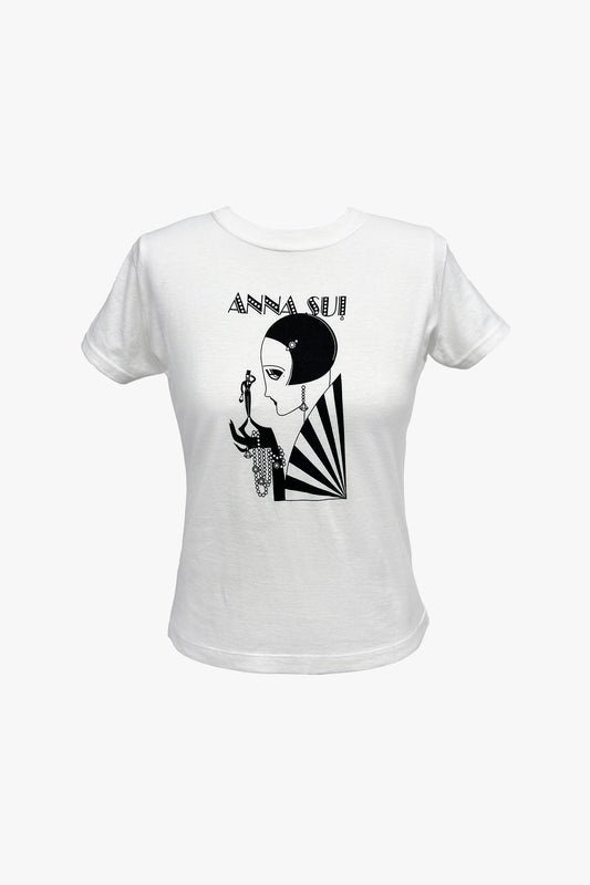 White, short sleeves, Mad Cap Heiress Baby T-Shirt, graphic with Anna Sui logo and retro head.